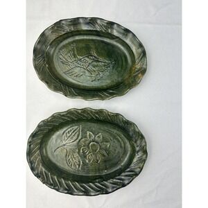 Handmade Style Green Stoneware Plate Oval Carved Rustic Cottagecore Set of 2